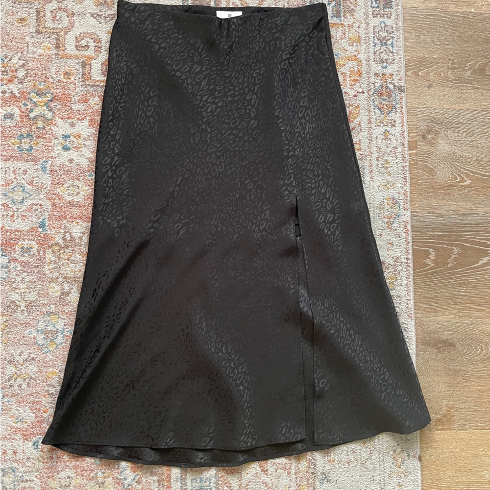 Black satin midi skirt with slit